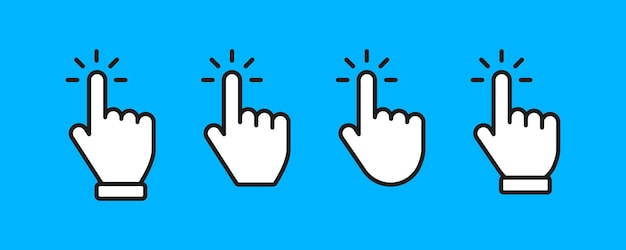 Vector set of hand cursor icons Clicking cursor pointing hand clicks icons Computer mouse click Hand pointer clicking effect Vector illustration