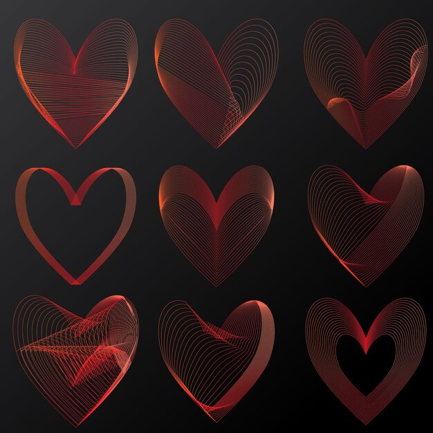 Vector set of hearts thin lines