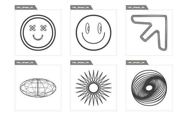 Vector set of Y2K Brutalism star and flower shapes Elements for graphic decoration