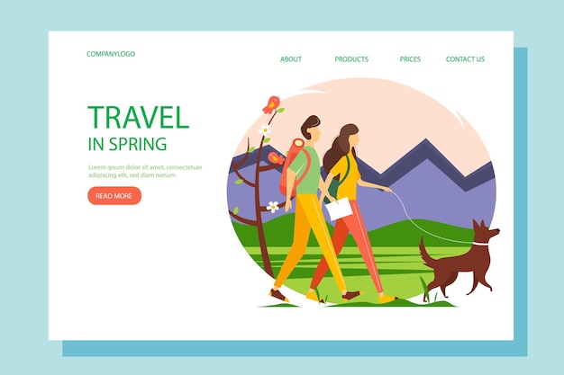 vector spring illustration of travel and outdoor recreation. landing page template.
