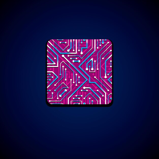 Vector technology cpu design with square luminescent microprocessor scheme. Computer circuit board, digital element with flash effect, magenta.