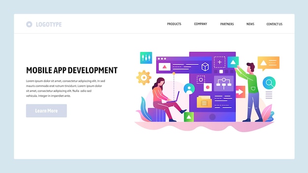 Vector web site design template Mobile app development team programmer build a software code Landing page concepts for website and mobile application Modern flat illustration