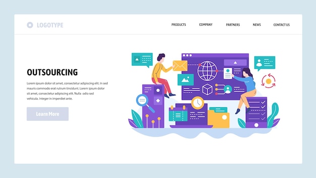 Vector web site design template Outsourcing and software development Team working with new project Landing page concepts for website and mobile development Modern flat illustration