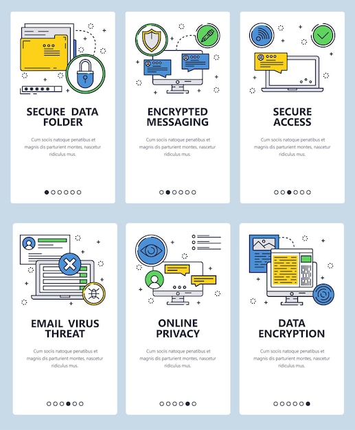 Vector web site linear art onboarding screens template Cyber security and encrypted messaging app Secure data and access Menu banners for website and mobile app development