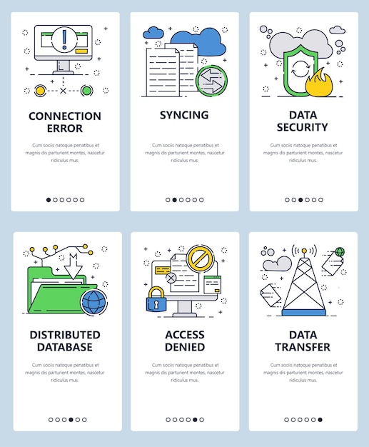 Vector web site linear art onboarding screens template Data security and files sharing transfer Menu banners for website and mobile app development