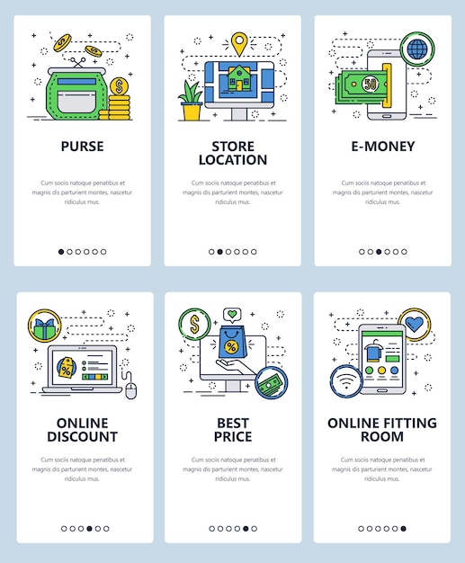Vector web site linear art onboarding screens template Online shopping clothes store sales and price discount Online fitting room Menu banners for website and mobile app development