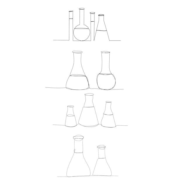 Vector white background continuous line drawing flasks and test tubes