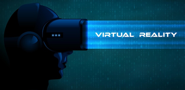 Vector young woman wearing virtual reality headset 3d glasses with blue ray. Game anime movie style character dark vr banner. Turquoise binary code background. Futuristic cyber passion impression.