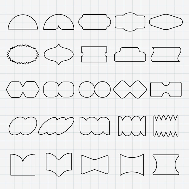 Vectors Grid with 24 unique label shapes Various label shapes include rounded pointed and wavy designs Perfect for label design label creation and graphic projects Black shapes vector set