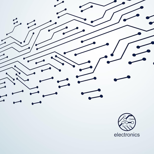 Vektori-abstrakti tietokoneen piirilevyn kuva, teknologiaelementti yhteyksillä. Elektroniikkateemainen verkkosuunnittelu. Nykyaikainen teknologiakommunikaatio.