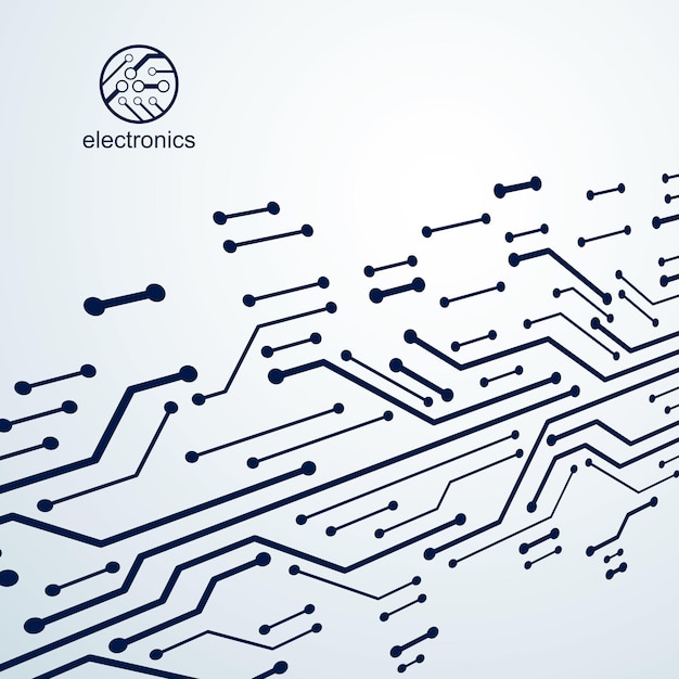 Vektori-abstrakti tietokoneen piirilevyn kuva, teknologiaelementti yhteyksillä. Elektroniikkateemainen verkkosuunnittelu. Nykyaikainen teknologiakommunikaatio.