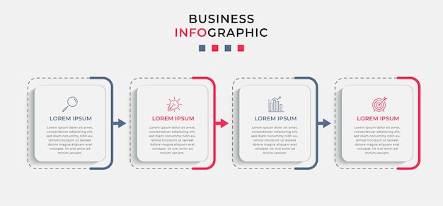 Vektori-infografiikka, jossa on design-liiketoimintamallipohja, ikonit ja neljä (4) vaihtoehtoa tai vaihetta