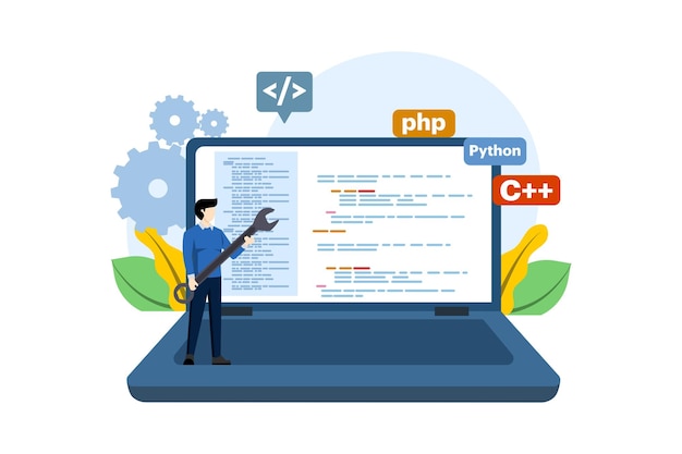 Vektori-kuvitus web-kehityksen tai ohjelmointikielen konseptista