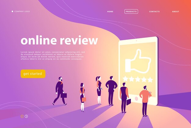 Vektori verkkosivun konseptisuunnittelu online-arvosteluteemalla toimistotyöntekijät seisovat suurella digitaalisella tabletilla katsomassa loistavaa näyttöä viiden tähden kanssa Aloitussivun mobiilisovellussivustomalli