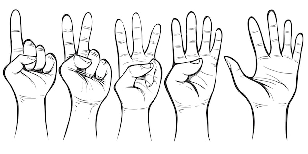 Vektorikuvitus. Käsimerkki, joka näyttää numeroa yksi. Yksinkertainen käsin piirretty doodle-tyyli