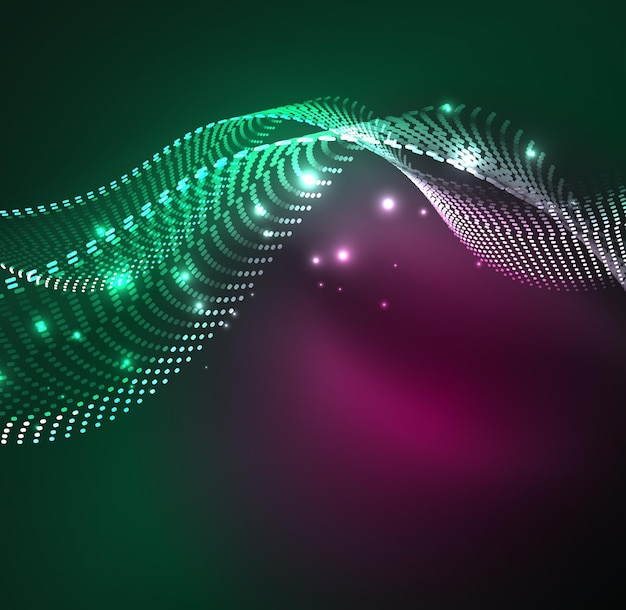 Vektorimuotoisten aaltohiukkasten tausta. 3d-renderöity valaistu digitaalinen aalto, joka koostuu hehkuvista hiukkasista. Futuristinen vektori-kuvitus ja teknologia. HUD-moderni elementti