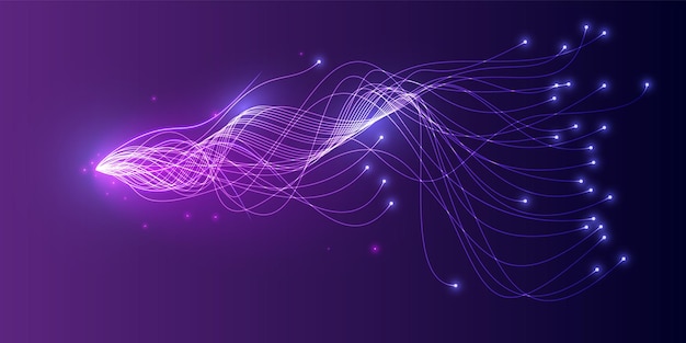 Vektorin aaltoviivat virtaavat dynaamisesti sinivihreissä väreissä eristettynä mustalla taustalla tekoälyteknologian, digitaalisuuden, viestinnän, tieteen ja musiikin konseptia varten