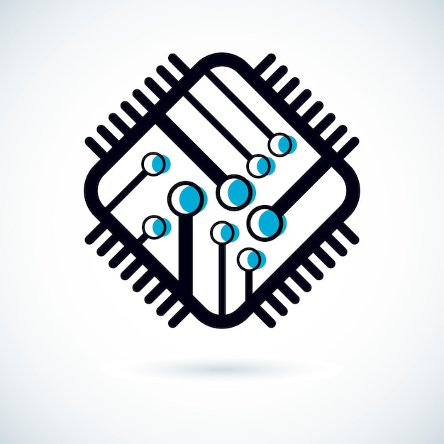 Vektorin abstrakti teknologia, yksivärinen piirilevy. Korkean teknologian digitaalinen neliömäinen elektronisen laitteen kaavio. Modernien innovaatioteknologioiden logo.