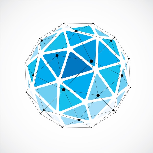 Vektoriulotteinen wireframe-matala polyobjekti, sininen pallomainen muoto mustalla ruudukolla. Tekninen 3d-verkkoelementti on valmistettu kolmiomaisista faseteista käytettäväksi suunnittelumuotona suunnittelussa.