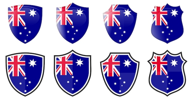 vertical australia flag in shield shape, four 3d and simple versions. australian icon / sign