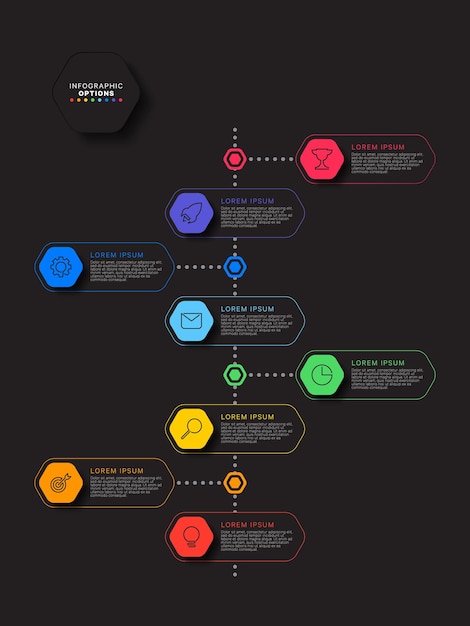 vertical timeline infographic with hexagonal elements on black background modern business process