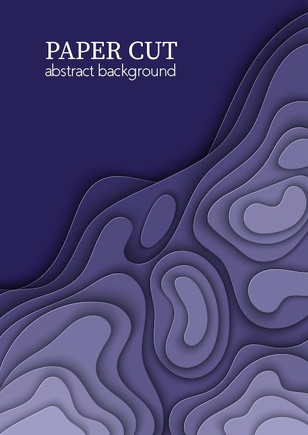 Vertical vector purple blue flyer with paper cut waves shapes 3D abstract paper art design layout