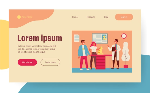 Veterinarian examining cat in his office. People, owners, clinic flat vector illustration. Veterinary hospital, animal care concept for banner, website design or landing web page