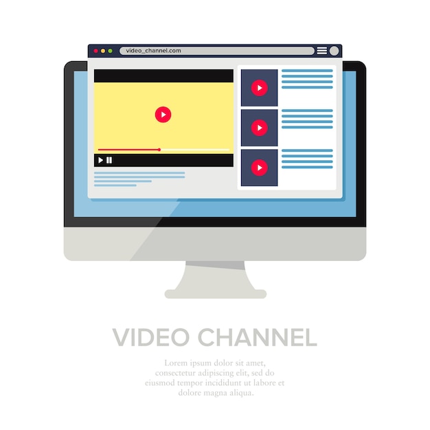 Video channel website vector illustration computer screen showing a video browser page