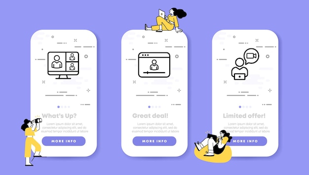 Video conference set icon Computer site platform internet online camera people Technology concept UI phone app screens with people Vector line icon for Business and Advertising