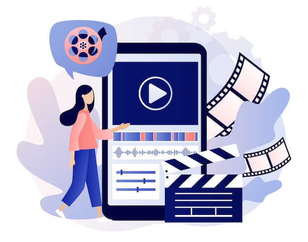 video editor studio video maker online course tiny woman footage editing and making multimedia
