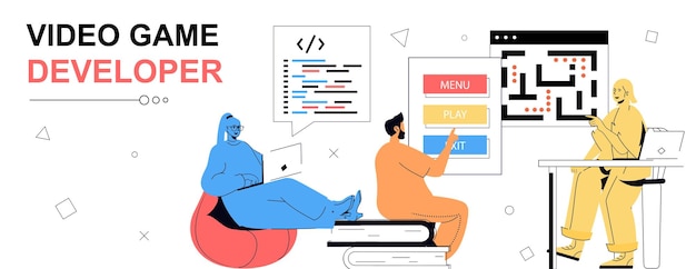 Video game developer concept in flat cartoon design for web banner People creating new product write code for different computer games programming at screen testing interface Vector illustration