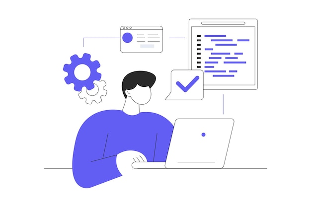 Video game developer web concept Man creating new game project programming and coding algorithm