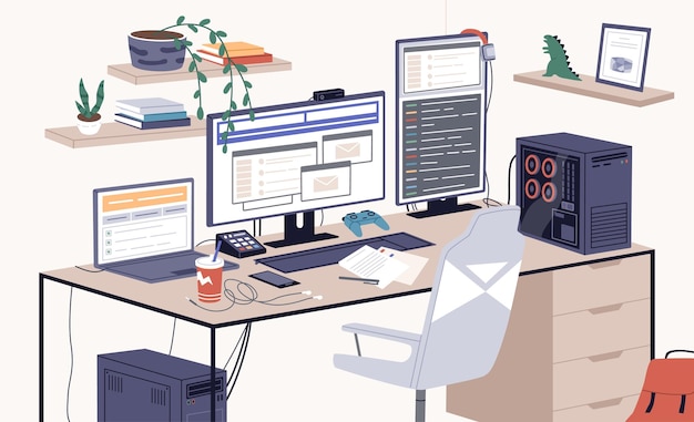 Video gaming and streaming setup with gamers desktop computer, laptop, joystick and accessories. Professional streamers equipment and chair. Flat vector illustration isolated on white background.