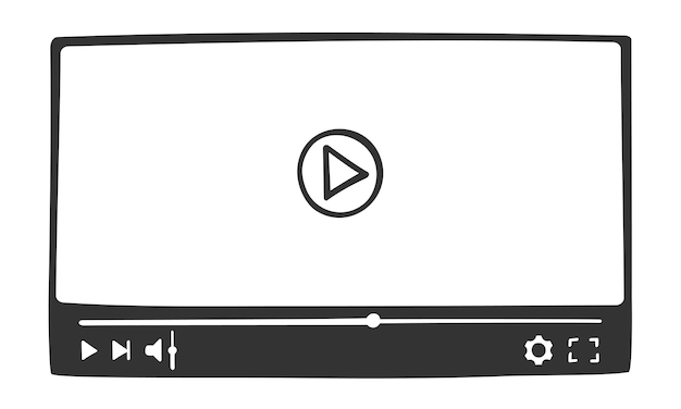 Video player interface in doodle style Hand drawn online film screen with slider bar and buttons
