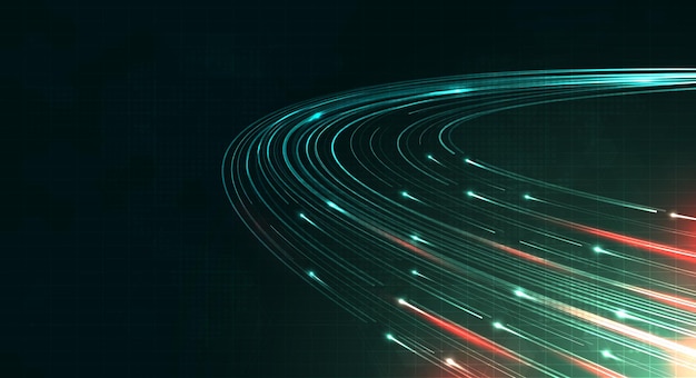 Vihreä valojuova, valokuitunopeusviiva, futuristinen tausta 5G- tai 6G-tekniikan langattomaan tiedonsiirtoon, nopea internet abstraktissa internet-verkossa, vektorisuunnittelu