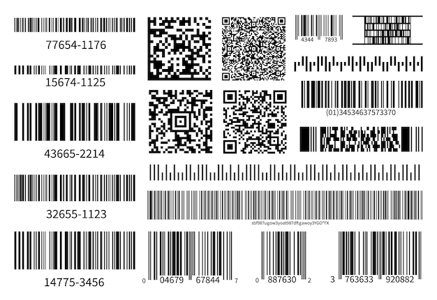 Viivakoodikokoelma. Vektorikooditiedot, QR, myymälän skannauskoodit. Teollinen koodaustieto. Kuva data qr skannaukseen, tuotteen viivakoodi