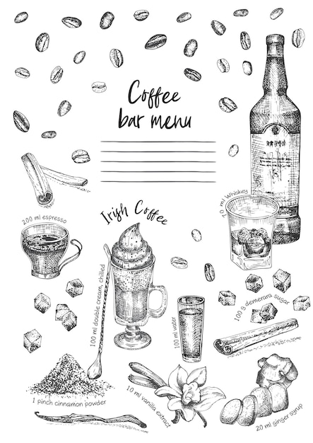vintage hand drawn sketch design bar restaurant cafe menu on white background graphic vector art irish coffee whiskey with ice creative template for flyer banner poster brochure