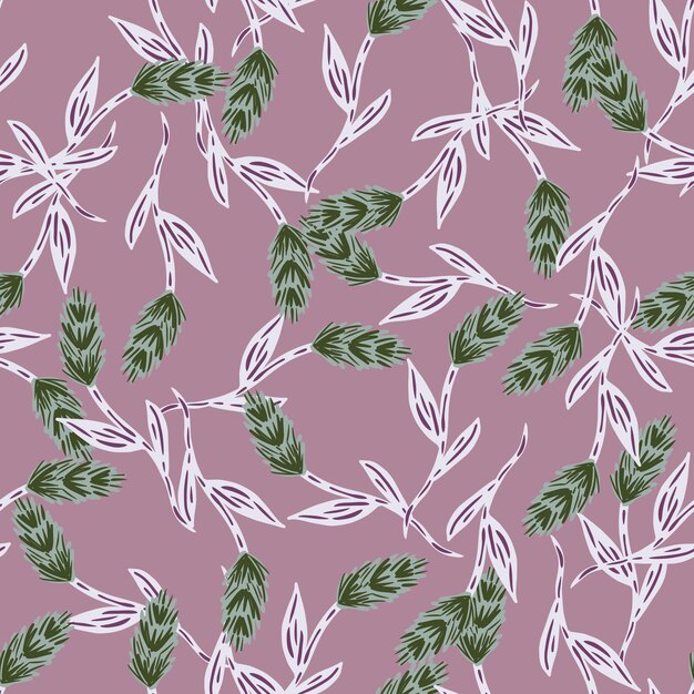 Vintage-tyylinen saumaton kuvio, jossa on vihreitä satunnaisia vehnän tähkäelementtejä. Pastellin violetti tausta. Graafinen suunnittelu pakkauspaperille ja kangaskuvioille. Vektorikuva.