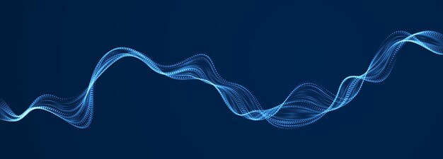 Virtaavien hiukkasten aalto tumman taustan yllä, dynaamiset äänen liikekäyräviivat. 3d-vektori-kuvitus. Kaunis aalto, jossa kiiltäviä sekoittuneita pisteitä on ryhmänä.