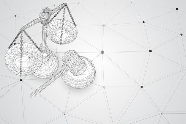 Virtual 3d scales and a judge's hammer are on the table vector background