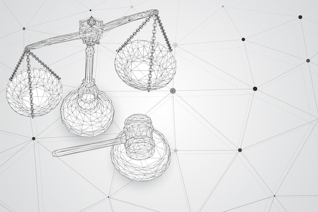 Virtual 3d scales and a judge's hammer are on the table vector background