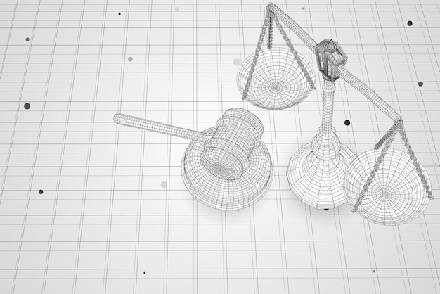 Virtual 3d scales and a judge's hammer are on the table vector background