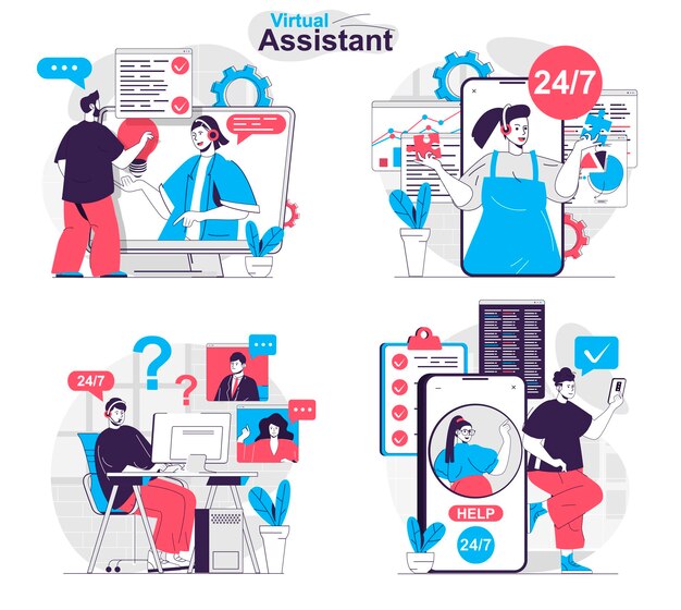 Virtual assistant concept set Online communication with customers tech support