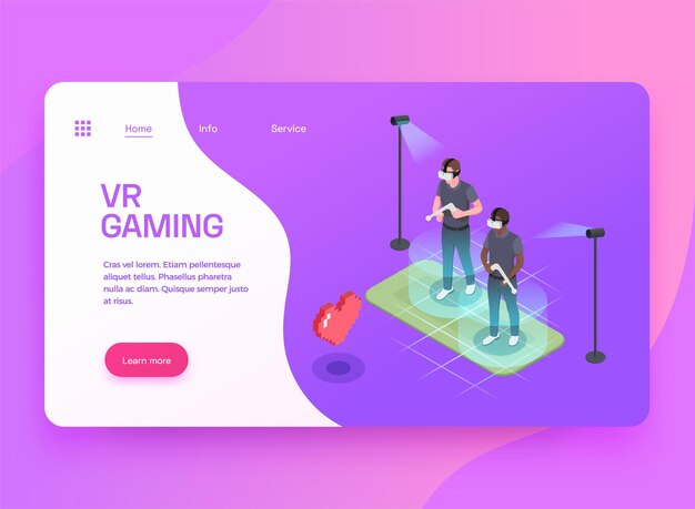 virtual augmented mixed reality gaming entertainment isometric landing page design with two players in headsets