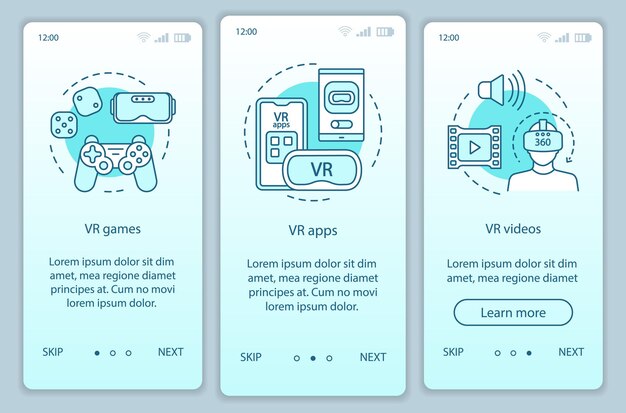 Virtual reality programs onboarding mobile app page screen with linear concepts. VR entertainment. VR games, apps, videos walkthrough steps graphic instructions. UX, UI, GUI vector template with icons