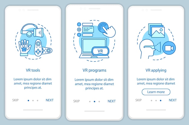 Virtual reality software onboarding mobile app page screen with linear concepts. VR tools, soft, application walkthrough steps graphic instructions. UX, UI, GUI vector template with illustrations