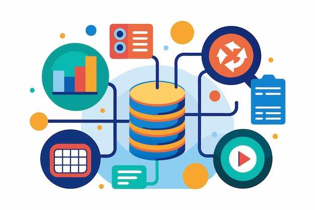 Visual representation of data management concepts showcasing installation processes and analytics tools Install data set icon