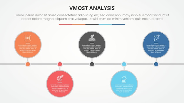 vmost analysis template infographic concept for slide presentation with big circle horizontal timeline up and down with 5 point list with flat style vector