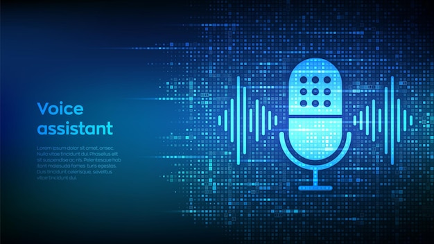 Voice assistant icon made with binary code Personal assistant voice recognition Microphone button with voice and sound imitation lines Digital binary data streaming digital code background Vector