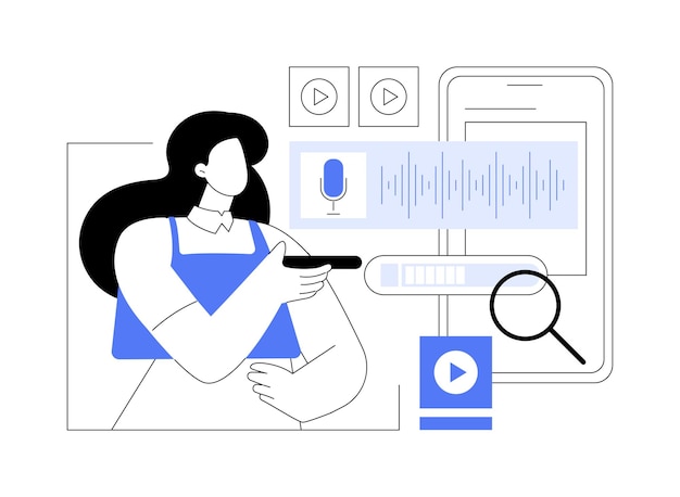 Voice search abstract concept vector illustration Woman holding phone and using speech recognition app IT technology data transfer big data machine learning industry abstract metaphor